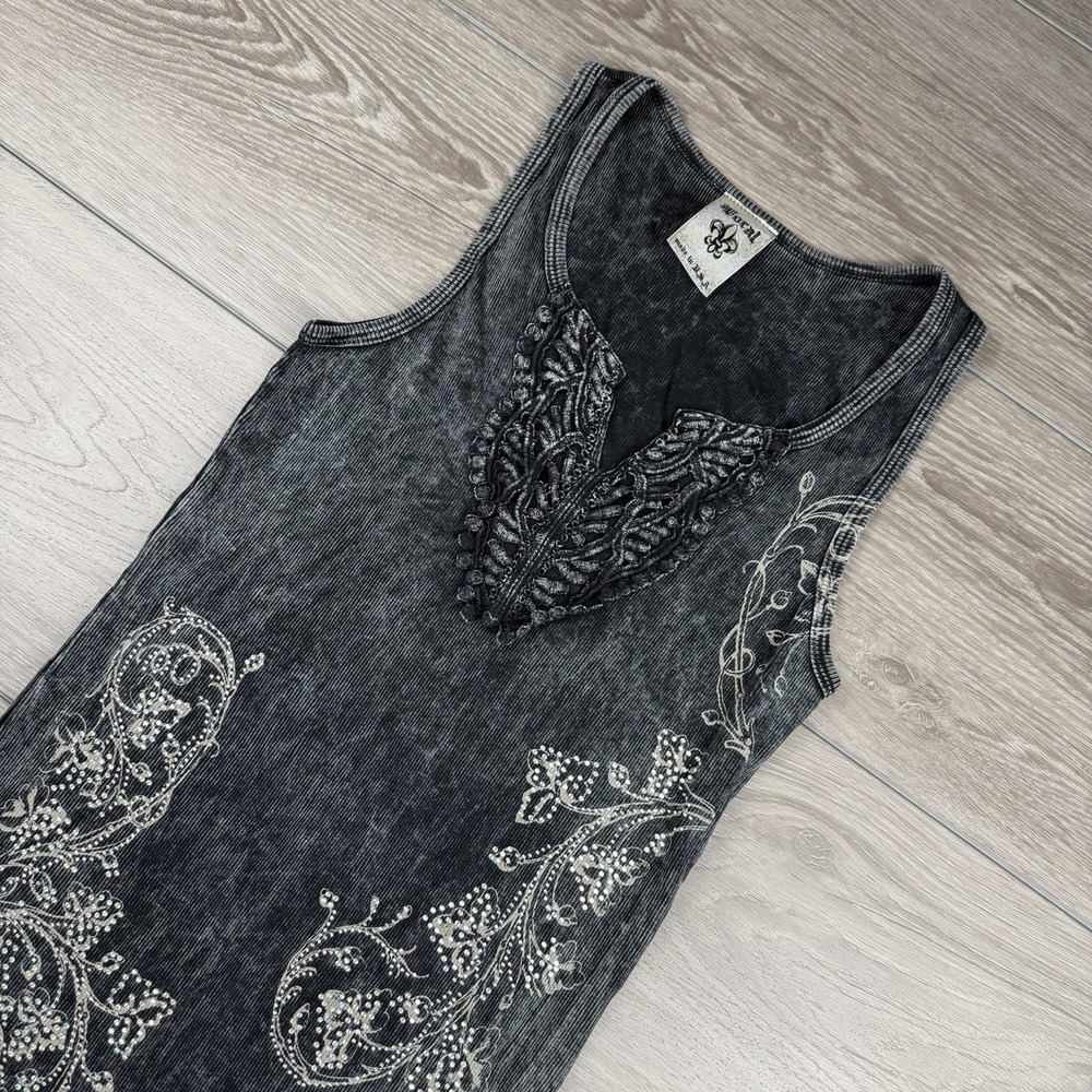 Vocal Women's Mineral Dye Sleeveless Rhinestone Tank Black Size Large